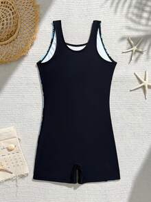 SHEIN Bộ áo liền quần in họa tiết cây nhiệt đới cho bé gái tuổi teen, thích hợp đi biển và nghỉ lễ. - màu đen - Xem 2
