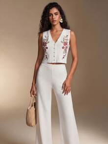 SHEIN Conjunto de chaleco y pantalón de punto con botones y bordado floral detallado para mujer - Blanco - Ver 2