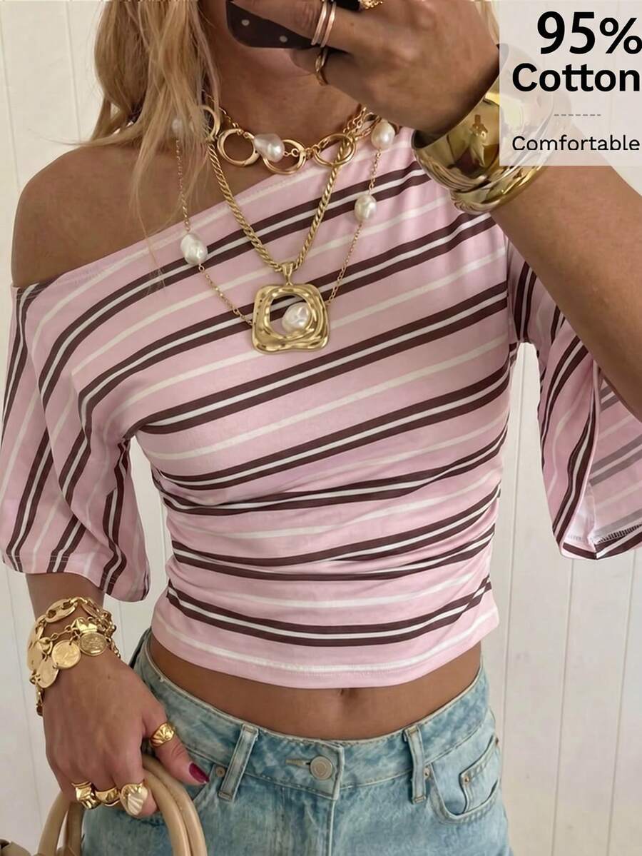 SHEIN EZwear 女士95%纯棉粉色条纹针织蝙蝠袖短款T恤 - 完美适用于西部音乐节、春夏海滩度假、春假、波西米亚风热带岛屿婚礼、周年纪念、伴娘派对、约会之夜、性感婚礼宾客装扮、新娘送礼会、海滨假期、岛屿女孩复古风、浪漫度假氛围、法国南部旅行 - 彩色 - 查看 1