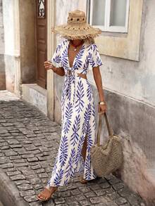 Vestido ajustado de manga corta con estampado de leopardo tejido y recorte hueco en la cintura para mujeres - Azul - Ver 10