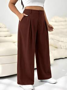 Solflare Pantalones anchos de unicolor con botones, talla grande, adecuados para graduación, regreso a la escuela, atuendos de maestras para mujeres, marrón óxido - Óxido marrón - Ver 3