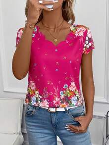SHEIN Clasi 女士春季碎花短袖衬衫 - 玫紅色 - 查看 4