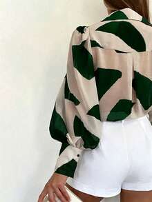 INAWLY Women's Contrast Color Print Single-Breasted Casual Shirt, Suitable For Commuting And Office Wear - Dark Green - View 3