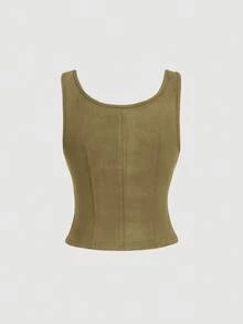SHEIN MOD 大码棕色系带吊带背心复古款 - 軍綠色 - 查看 2