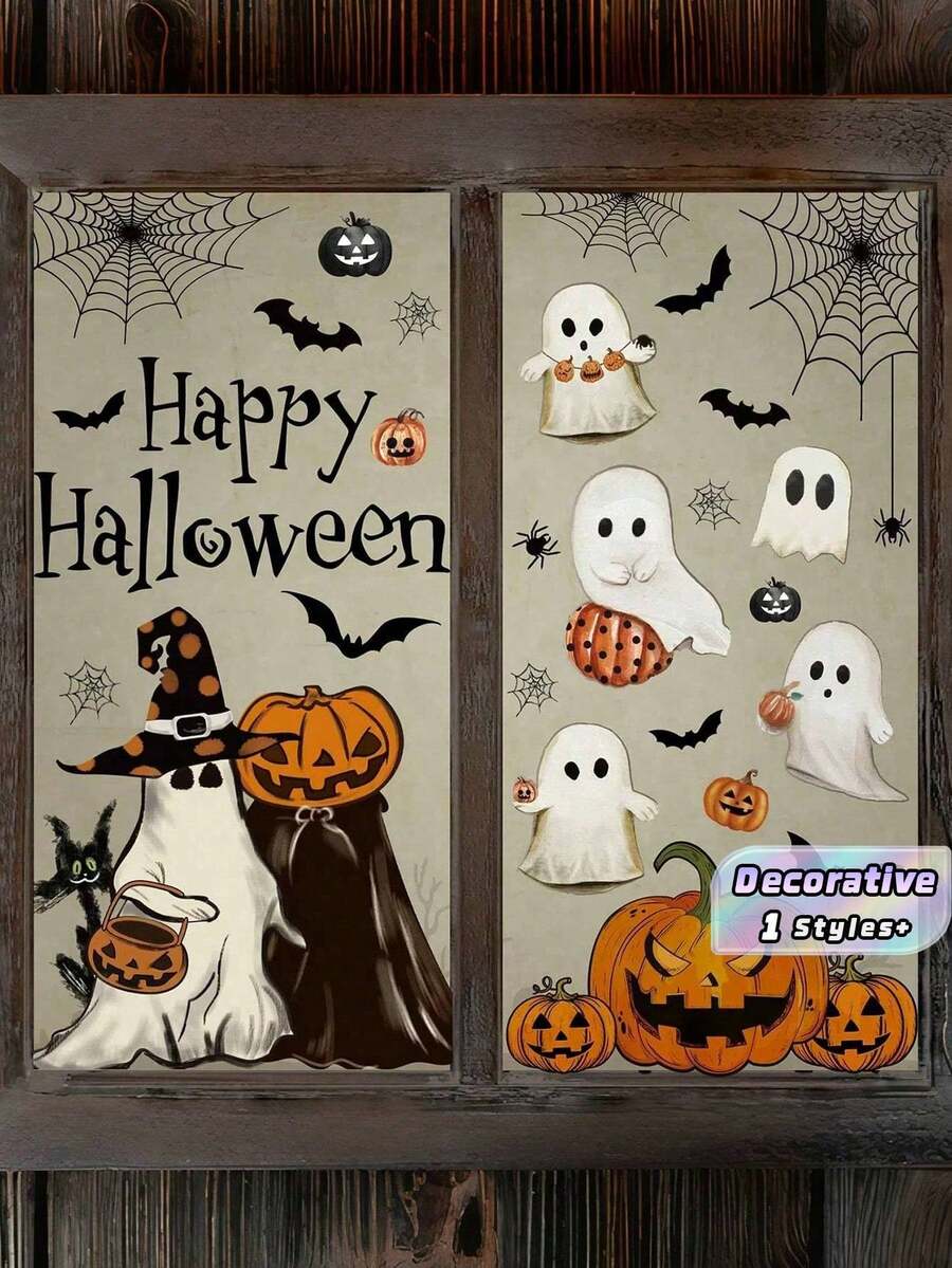 8Pcs/Set Halloween Window Clings – Vintage Ghost Pumpkin Bat Reusable Decals, Double-Sided Removable Stickers For Home Glass Decor, Fall Party Supplies, Shop & Indoor Decoration