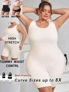 SHEIN CURVE+ 大码女士无缝塑身衣，胸部和臀部提拉 - 腹部、腰部和大腿塑形连体衣，曲线加大码，Hoho Vacation沙滩装/沙滩裙/沙滩度假装/沙滩必备/毕业典礼/下午茶派对礼服 - 米色 - 查看 7