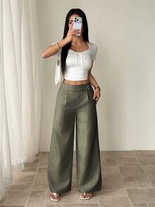 SHEIN PETITE 女士粉色竹纤维面料腰部前片搭扣设计，优雅教师制服，专业休闲，感恩节、万圣节必备百搭宽松直筒裤 - 軍綠色 - 查看 6