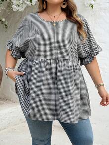 SHEIN CURVE+ Curve 加大码 US22 音乐节、海滨度假、波西米亚风 CURVE PLUS / / 女士格纹印花衬衫，适合春夏波西米亚风度假，休闲娃娃风衬衫 - 黑與白 - 查看 7