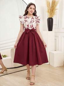 Đầm midi nữ tuổi teen thanh lịch in hoa, tay bồng, có thắt lưng và nơ, thích hợp cho kỳ nghỉ. - Màu Đỏ Sâu - Xem 4
