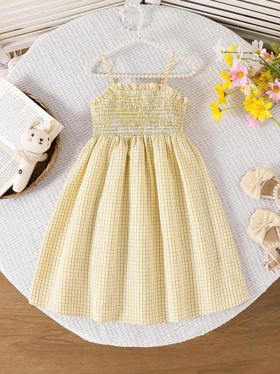 Đầm hai dây kẻ caro tối giản dành cho bé gái - Màu vàng - Xem 1