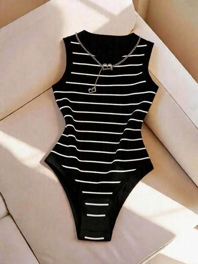 GlowEve Women's Spring/Summer Bodysuit, Women's Round Neck Camisole Bodysuit, Knit Fitted Women's Bodysuit, Striped Bodysuit, Casual Daily Wear, Women's Summer Bodysuit, Vacation Beach Bodysuit, Can Be Worn Alone Or Paired With Bottoms