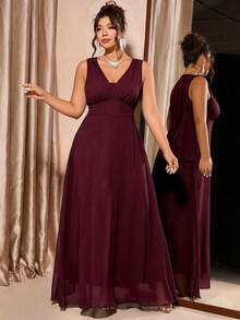 SHEIN LUNE Plus Size Women V-Neck Sleeveless Solid Color Elegant Dress - Burgundy - View 1