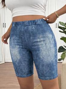SHEIN Frenchy Pantalones cortos elásticos de cintura alta con textura azul natural para mujer talla grande - Multicolor - Ver 5