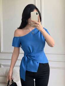Celisse Camisa casual de mujer con diseño de cintura ajustada y cuello asimétrico, para primavera/verano - Azul - Ver 3