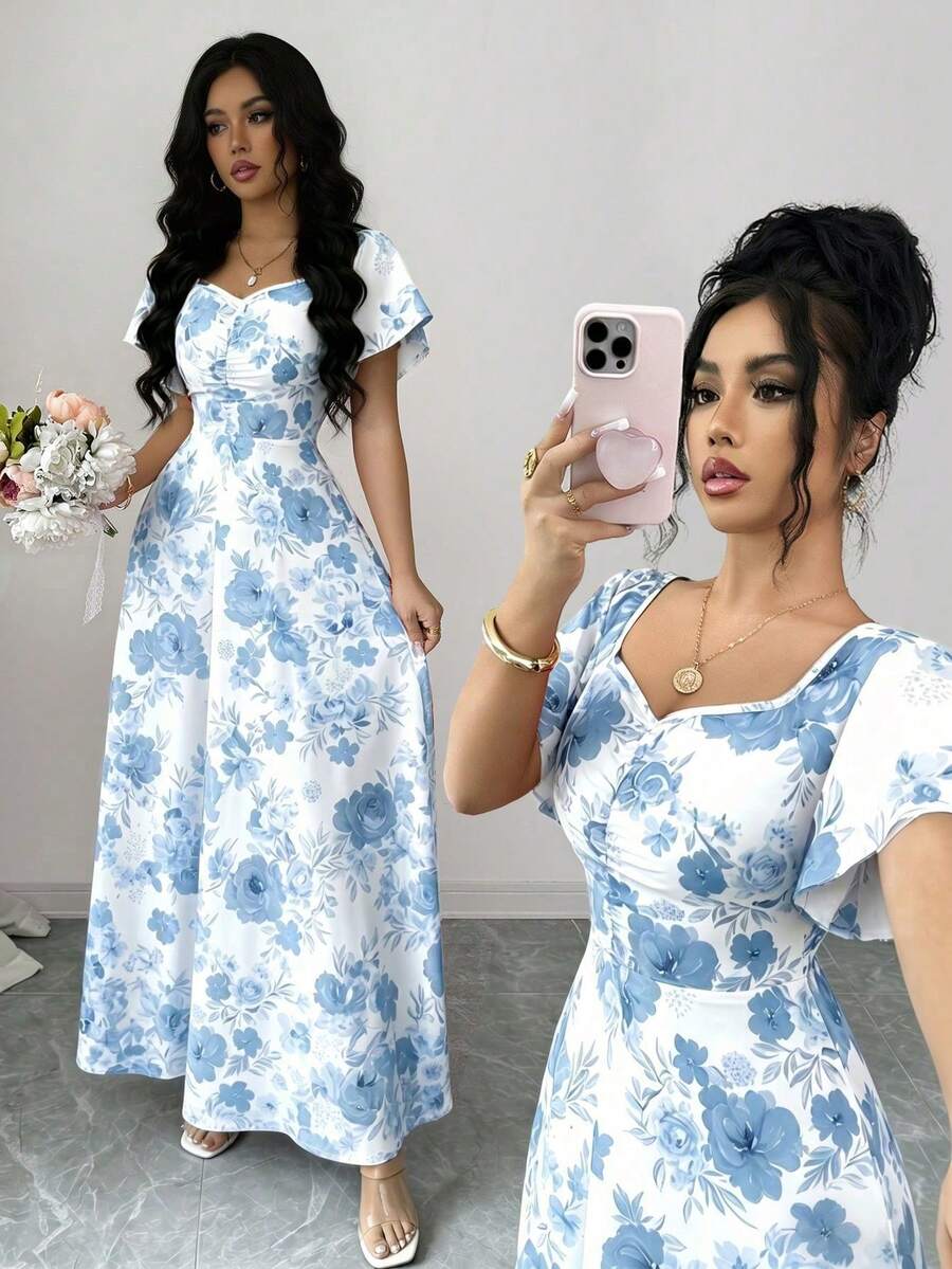 SHEIN Elenzya 女士玫瑰碎花褶皱前片荷叶袖腰部A字连衣裙,魅力优雅休闲度假通勤性感时尚约会法式街头复古百搭春夏红白多色新款短袖长裙 - 彩色 - 查看 1