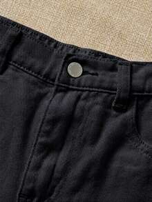 SHEIN Tween Girl Summer Boho Casual Solid Washed High Waist Solid Washed Ripped Denim Jeans Shorts With Frayed Hem And Distressed Pockets, Summer Beach Vacation Vacation Baggy Shorts Black - Black - View 5