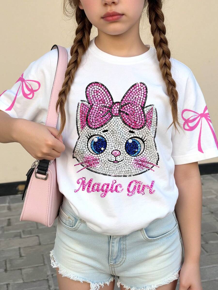 Kaos T-Shirt Kasual Anak Perempuan Remaja dengan Motif Kartun Kucing Mengkilap dan Tekstur, Dekorasi Pita Merah Muda, Ukuran Besar, Cocok untuk Musim Panas - MultiWarna - View 1