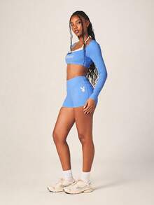 Missguided x Playboy Women's Light Blue Long Sleeve Crop Top And High Rise Shorts Two Piece Athletic Set - Blue - View 3
