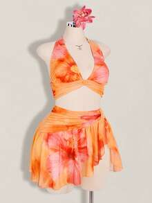 SHEIN ICON Plus Size Women's Y2k Going Out Vacation Floral Print Halter Crop Top And Low-Waist Floral Print Mini Skirt Set, Hawaii Ibiza Outfit - Orange - View 7