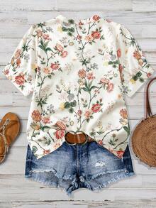 Linhara Plus Size Summer Elegant Floral Print Notch Neck Short Sleeve Blouse - Apricot - View 2