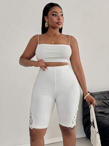 SHEIN PETITE CURVE Plus Size Women's Solid Color Casual Basic Leggings,High-Waisted Mid-Length White Sommar Smart Casual Gym Pants For Petite Figures,Sports Y2K Outing - White - View 7