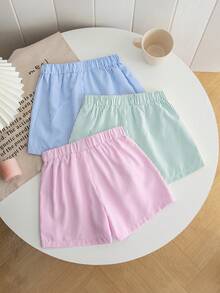 SHEIN 3件套少女条纹休闲短裤套装 - 綠色 - 查看 2
