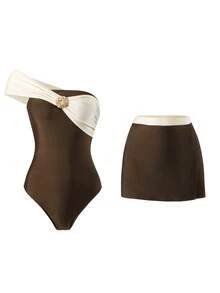 Swim Oasis Brown & Beige Color Block One-Piece Swimsuit With Metal Decor For Women, Elegant Beach Outfit Bikini Set - Multicolor - View 4