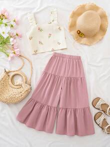 Emery Rose Kids Emery Rose Kids 两件套女童粉色梭织纯色方领荷叶边休闲吊带背心和长裤套装，女童波西米亚风套装，裤装派对套装，8岁女童吊带背心和阔腿裤套装，喇叭裤套装，儿童女童两件套夏季套装，波西米亚风套装，儿童亚麻女童服装，女童夏季阔腿裤，女童亚麻套装，女童两件套套装，儿童夏季女童服装，女童春季服装，儿童服装，女童套装夏季 - 粉色 - 查看 3