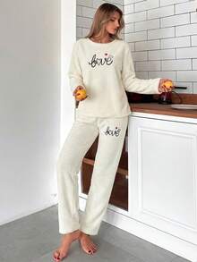 WovenCharm 2Pcs Pelush Love Embroidery Detail PJ Set - White - View 3