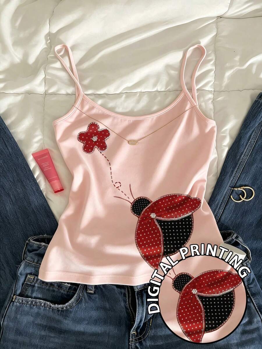 Glimmora 度假风优雅花卉瓢虫印花粉色女式吊带背心，适合春夏穿着，时尚百搭，是送给兄弟姐妹的完美礼物，也是送给姐妹的理想之选，更是母亲节的绝佳礼物，休闲又不失时尚。 - 白色 - 查看 1