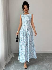 Selianne Women's White Floral Summer Elegant Sexy Holiday Vacation Maxi Dress,Sleeveless Round Neck Waist-Cinched Ruffle Decor Contrast Button Golf - Aqua Blue - View 6