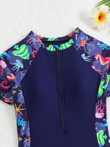 SHEIN 1 bộ đồ bơi mùa hè màu xanh navy cho bé gái. Họa tiết động vật đại dương, khóa kéo phía trước, thích hợp để bơi - Màu xanh hải quân - Xem 4