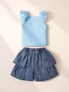 Maija Kids 2pcs Young Girls Light Blue Top And Denim Shorts Set,Summer School Style Casual Kids Outfits For Girls,Back To School Outing Daily Wear Coords - Blue - View 3