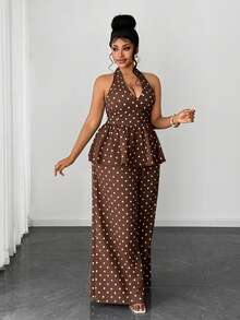 Maweii Plus Size Polka Dot Backless Halter Top And Wide Leg Pants Set, Elegant Commuting Fashion Versatile - Coffee Brown - View 3