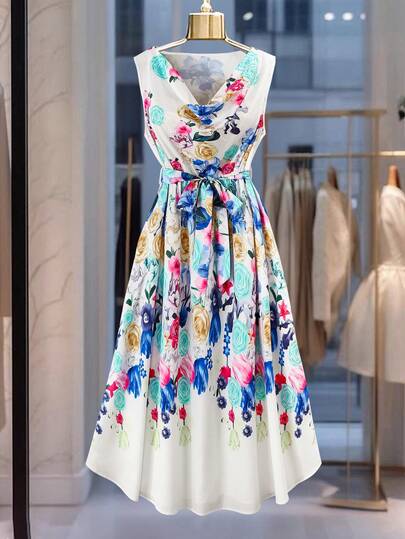 GlowEve CURVE Plus Size Women's Elegant Floral Print Sleeveless Belted Dress, Vacation Style