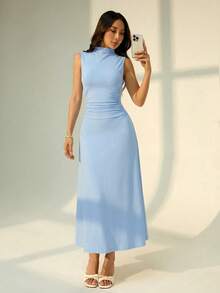 sfvsSHEIN PETITE Vestido largo de línea A con cuello mao sin mangas y fruncido, nuevo para el Día de San Valentín.Elegante y romántico para citas y trabajo, vestidos de verano para mujeresvfdw CIFA - Celeste - Ver 4