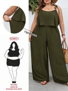 SHEIN CURVE+ Curve 尺码 US22 音乐节、海滨度假、波西米亚风女士休闲度假纹理纯色连体裤 - 軍綠色 - 查看 11