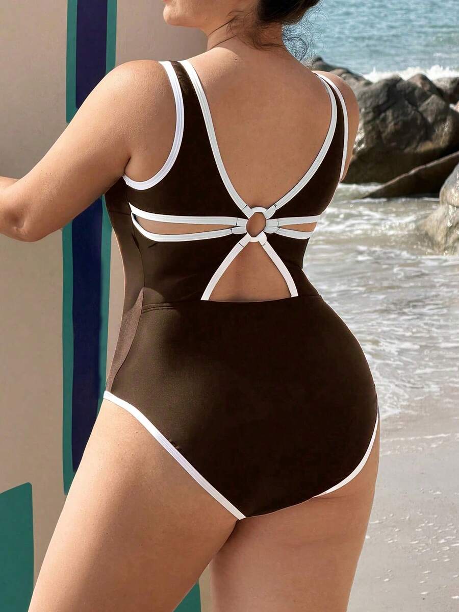 Swim SPRTY Traje de baño deportivo de una pieza de unicolor con espalda hueca para mujer de talla grande - Café integral - Ver 1