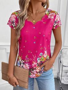 SHEIN Clasi 女士春季碎花短袖衬衫 - 玫紅色 - 查看 6