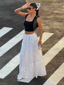 SHEIN PETITE CURVE Plus Size Summer Women Women's White Polka Dot Casual Vacation Skirt For Going Out Outfits, Streetwear, Y2K Clothes, Spring/Summer, White Boho Skirt, Summer Maxi Skirt - Black and White - View 2