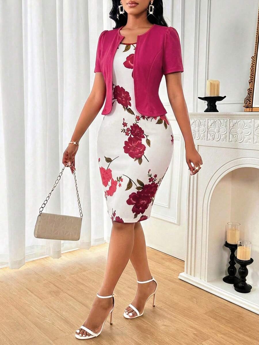 SHEIN Lady 春夏优雅蓝色日常通勤连衣裙,适合女士参加派对、新年、舞会、生日等场合,商务休闲,情人节时尚派对商务女性优雅通勤纯色泡泡袖上衣搭配印花修身无袖连衣裙套装两件套 - 彩色 - 查看 1