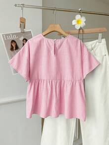 SHEIN EZwear 女士休闲条纹梭织衬衫，夏季 - 橘色 - 查看 2