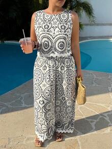 Dripcurv Elegant Boho Black And White Geometric Print Sleeveless Top With Matching Flowy Pants Ords Vacation Summer - Black and White - View 4