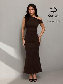 SHEIN PETITE Đầm đuôi cá dài lệch vai, chất liệu cotton thoải mái, thích hợp cho mùa hè, hẹn hò hàng ngày, tiệc tùng, những dịp trang trọng, đi chơi. - Cà phê nâu - Xem 9