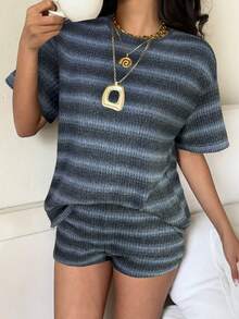 SHEIN EZwear 条纹针织休闲女装套装 - 深灰色 - 查看 6