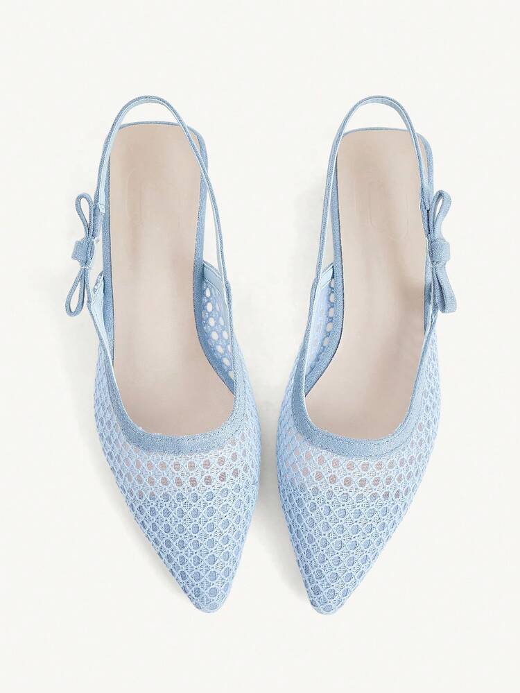 CUCCOO CHICEST Women's Spring And Summer New Pointed Toe Low Heel Blue Mesh Rhombus Grid Bow Fashionable Elegant Breathable Lady Style Women's Shoes Thick Heel Low Heel Empty Women's Shoes