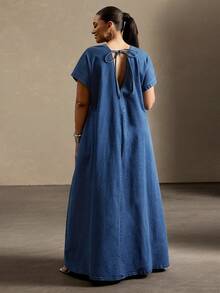 Vixey Đầm maxi denim tay bồng vai rớt cổ chữ V khoét sâu phía sau - Rửa tối - Xem 2