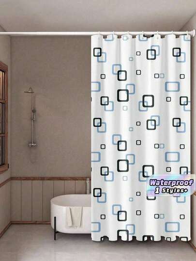 1 Pack Checkered PEVA Shower Curtain With Free Hooks | Waterproof Bathroom Decor, Modern Geometric Design, Lightweight And Easy To Install