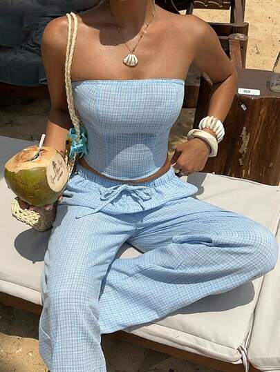 Sunnyshic Blue 100% Cotton Crinkle Jacquard Bandeau Top And High-Waisted Pants 2 Pieces Set, Elegant Vintage Minimalist Daily Wear, Suitable For Summer Vacation, Beach, Commute