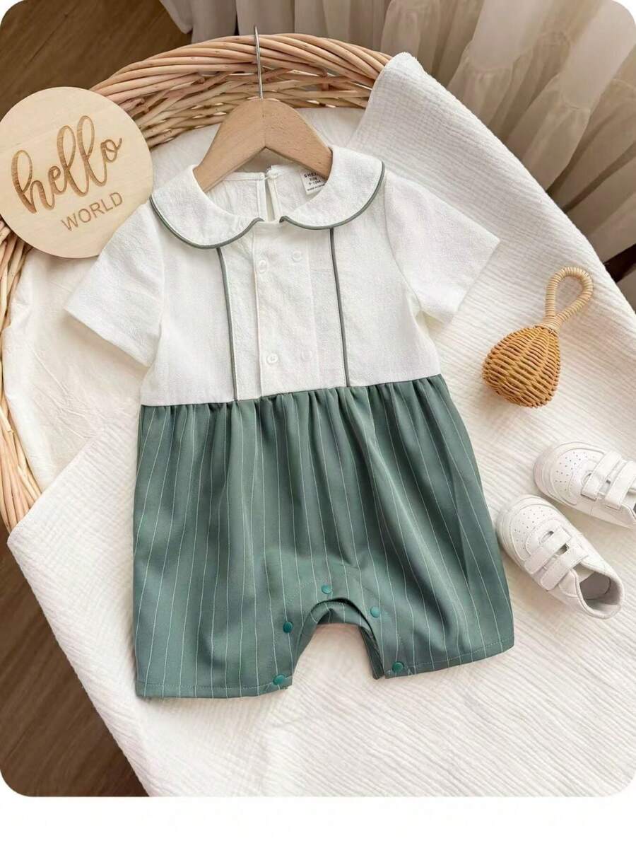Áo liền quần cho bé trai với chi tiết xếp ly, cổ Peter Pan - màu xanh lá - Xem 1